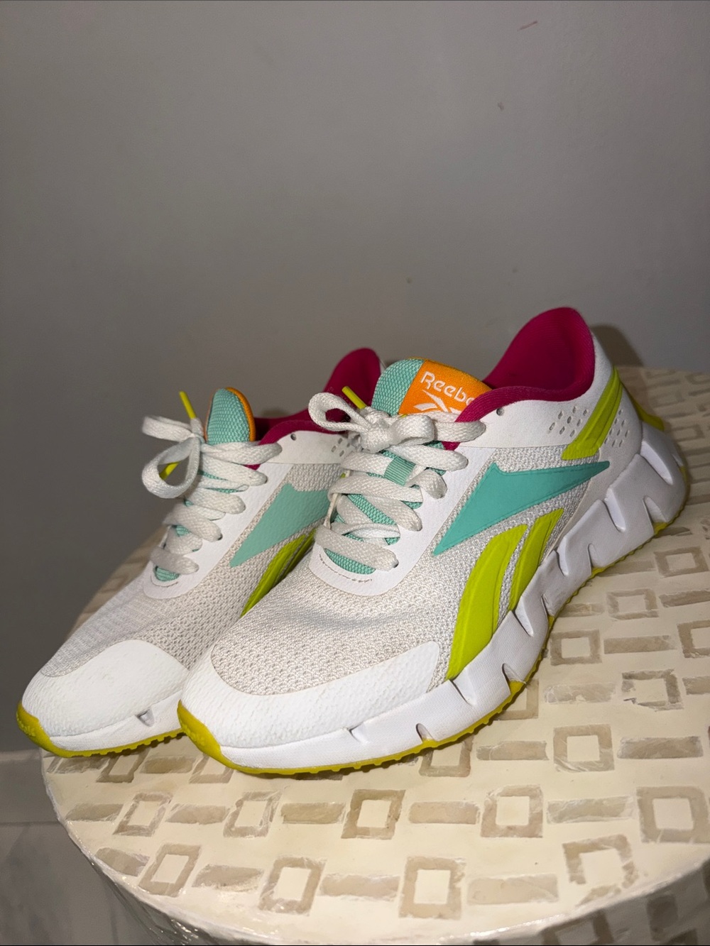 Reebok Women's White Sneakers with Mint, Neon Yellow & Pink Accents